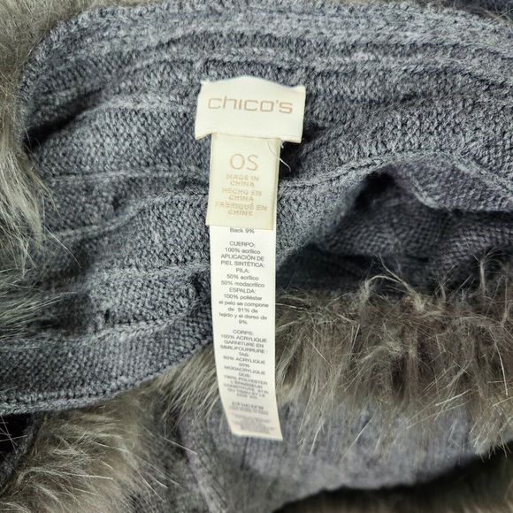 Chicos Nadene Faux Fur Trimmed Wrap Cable Knit Sweater Winter Wrap Gray OS - Picture 5 of 7